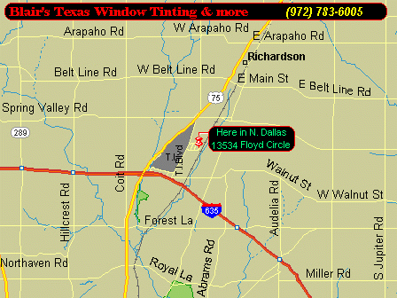 We're located behind Texas Instraments (now Ratheon) on the Northeast corner of the I-635 (LBJ Frwy) and U.S.hwy 75 (Central Expwy) intersection at 13502 Floyd Circle 