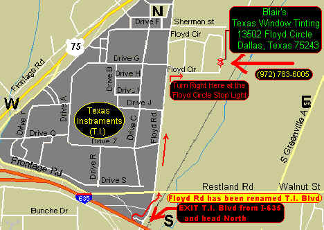 Exit T.I. Blvd. FROM I-635 (LBJ Frwy) and head North to the Floyd Circle stop light and turn right